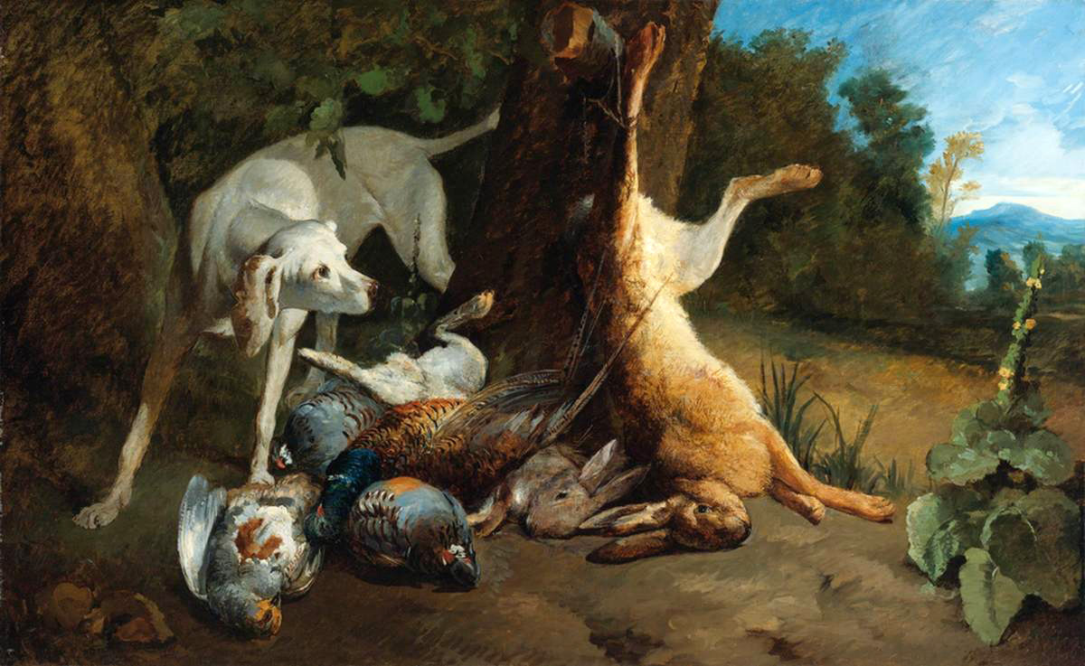 a hound with dead game in a landscape